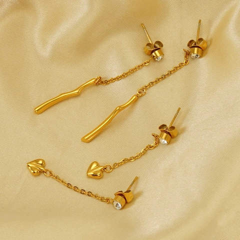 Orecchini In Acciaio Inossidabile Placcati Oro 18K Nappa Lunga Cuore Ramo Zircone Pendenti Minimalisti Donne