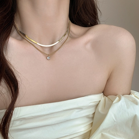 Collana A Doppio Strato Acciaio Al Titanio Catena A Serpente Con Pendente In Zircone Tondo Gioielli Minimalisti Da Donna