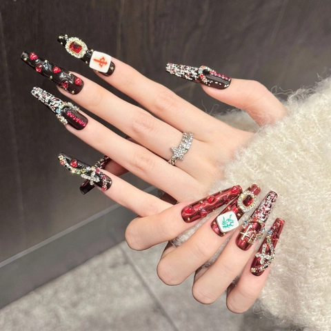 Handmade Red Black Mahjong Press On Nails Long Coffin Shape Rhinestone Metal Jewelry False Nails For Women Party Decor