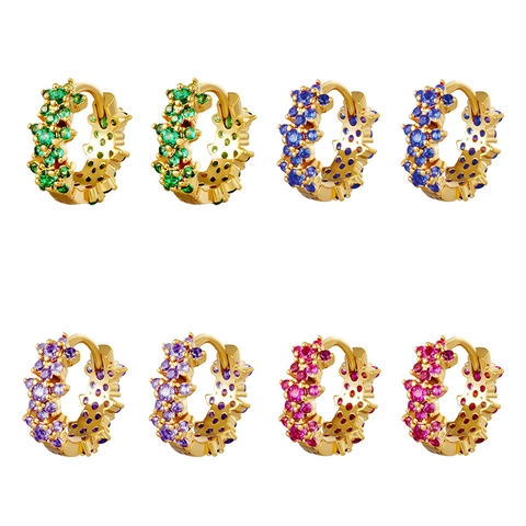 Colorful Zircon Flower Hoop Earrings With Silver Earring Post Copper Gold Plated Elegant Jewelry For Women