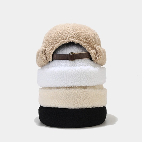 Cappello Docker In Lana Di Agnello Sherpa Senza Tesa Con Cinturino In Pelle Regolabile Copricapo Invernale Caldo Donna Uomo