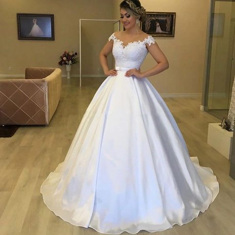 Elegante Off Shoulder Trouwjurk Van Kant En Satijn Met Applicaties Baljurk Voor Dames Bruidsmode