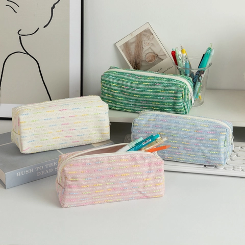 Large Capacity Pencil Case Woven Tweed Texture Colorful Striped Desktop Stationery Storage Bag For Students Office