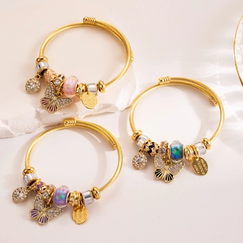 Adjustable Alloy Cable Bangle Charm Bracelet For Women Rhinestone Butterfly Colorful Glass Beads Fashion Jewelry Gift
