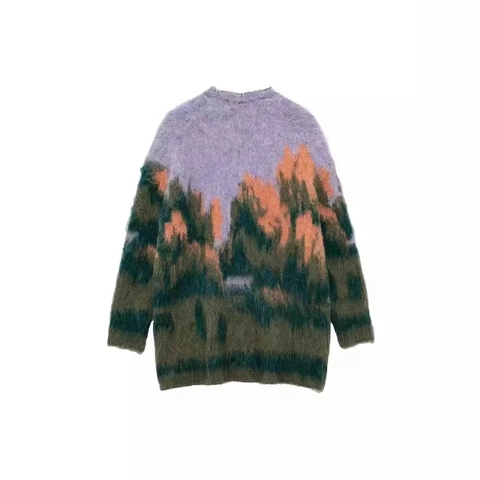 Damen Strickjacke Mit Landschafts-Jacquard V-Ausschnitt Langarm Mohair-Mischung Abstraktes Muster Lockere Passform Pullover