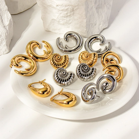 Minimalist Stainless Steel Earrings Irregular Wave Conch Nautilus Spiral Shape 18K Gold Plated Studs Fashion Accessories