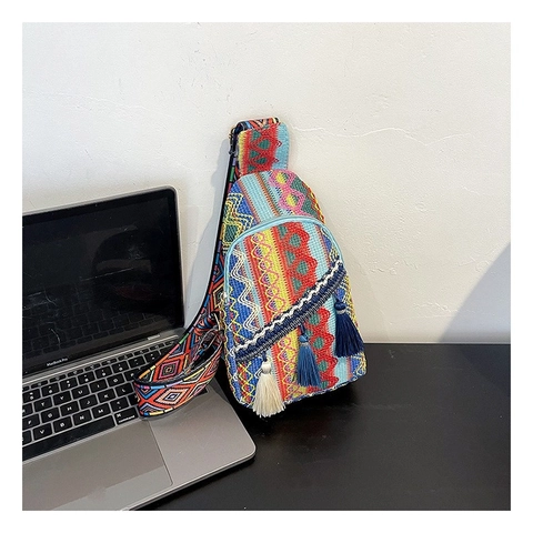 Bohemian Woven Chest Bag With Tassels Geometric Ethnic Crossbody Waist Pack For Women Fashionable Travel Sling