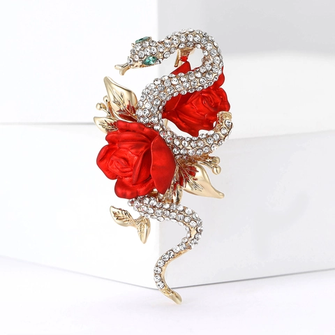 Vintage Gold Legierung Schlange Und Rose Brosche Mit Emaille Und Strass Luxus Damen Anzug Mantel Korsage Schmuck Geschenk