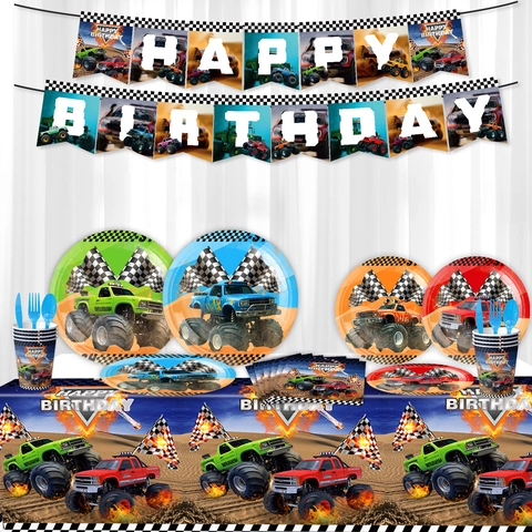 Monster Truck Birthday Party Supplies Set Disposable Paper Plates Napkins Cups Tablecloth Banner Balloons Cake Decor