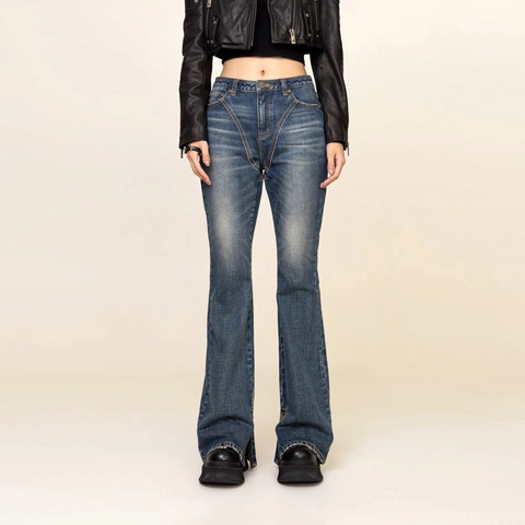 Jeans A Campana A Vita Alta Denim Di Cotone Lavaggio Vintage Orlo Con Cerniera Ricamo Donna