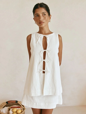 Completo Donna Top Senza Maniche Con Laccetti E Minigonna In Viscosa Lino Estate Casual Vacanza Bianco Solido