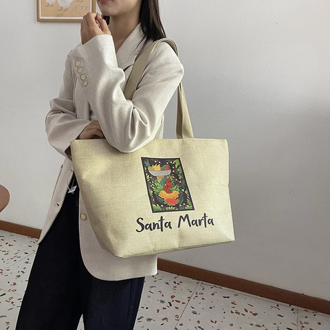 Women Tote Bag Canvas Linen Large Capacity Zipper Casual Summer Beach Travel Tropical Print Shoulder Handbag