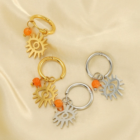 Pendientes De Aro De Ojo Turco Para Mujer Acero Inoxidable Chapado En Oro 18K Colgante Sol Hueco Con Piedra Natural