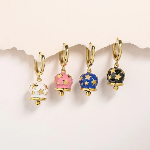 Pendientes de Gota con Forma de Campana y Estrella Pentagrama Cobre Chapado en Oro Esmalte de Aceite de Color para Mujer