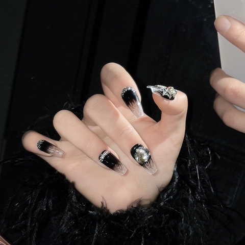 Gothic Spider Press On Nails Long Coffin Ombre Black Gradient 3D Rhinestone Spider Web Handmade Reusable Fake Nails