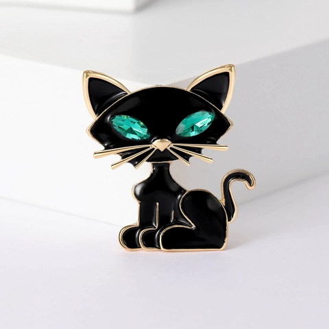 Broche Chat En Alliage Émail Forme D'animal Avec Yeux En Cristal Vert Mode Vintage Pour Accessoire De Costume Femme