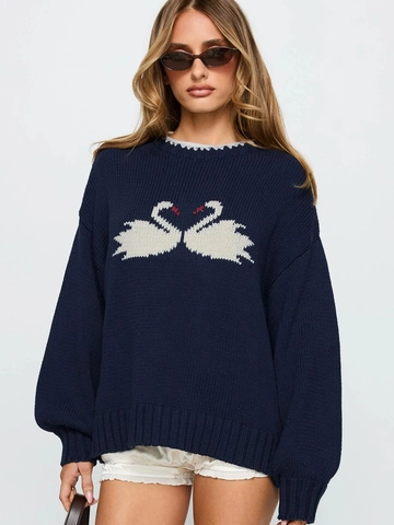 Women Navy Blue Knit Pullover Sweater Polyester Round Neck Swan Pattern Loose Fit Casual Long Sleeve Lazy Style