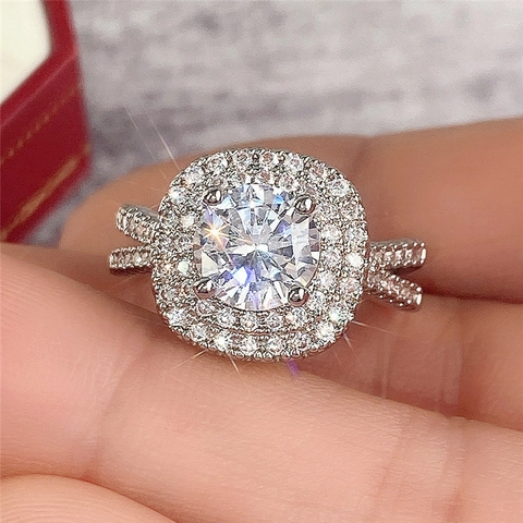 Double Halo Engagement Ring Round Cut Zircon Copper White Gold Plated Luxury Micro Pave Wedding Band For Women