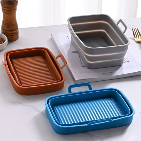 Rectangular Air Fryer Baking Tray Ninja Dz201410 Double Pull Basket Foldable Silicone Fryer Tray