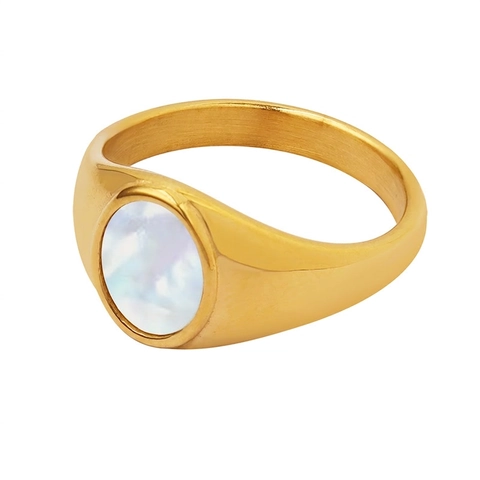 Anello Sigillo Vintage Francese Acciaio Al Titanio Placcato Oro 18K Madreperla Bianca Gioielli Di Moda Minimalisti Donne