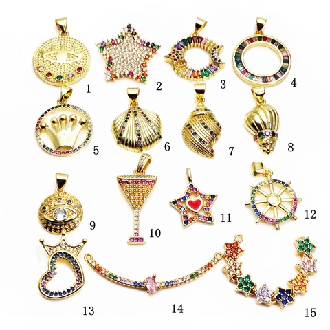 Copper Zircon Pendants Colorful Micro Pave Star Evil Eye Shell Charms For DIY Jewelry Making Necklaces Accessories
