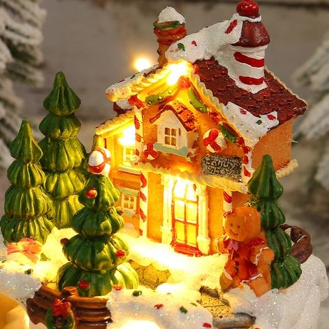 Luminous Christmas Resin House Music Box LED Night Light Gingerbread Shop With Rotating Train For Festive Table Ornament Gift