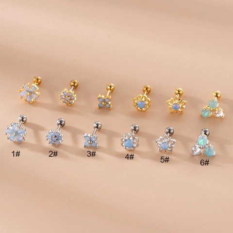 Cartilage Piercing Ear Stud Stainless Steel Rod Blue Opal Zircon Flower Star Moon Shape Screw Ball Back Jewelry Women