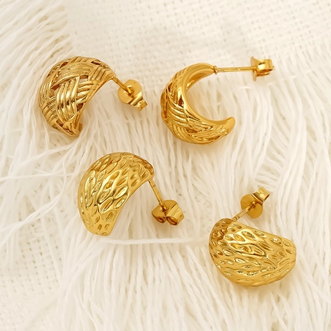 Geometrische C-Form Ohrstecker 304 Edelstahl 18K Vergoldet Gehämmert Gewebt Textur Wasserdicht Hypoallergen Damen