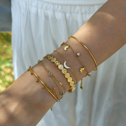 Bracciali Rigidi E A Catena Multistrato Bohemien Acciaio Inossidabile Placcato Oro 18K Ciondoli Luna Farfalla Zircone Blu Donne