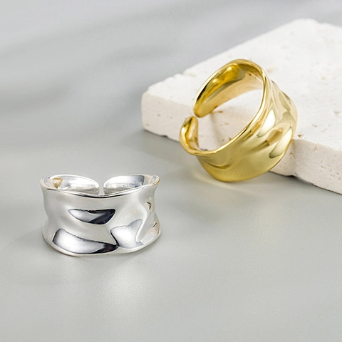 Irregular Hammered Copper Open Ring For Women Men Minimalist Geometric Wave Texture Electroplated Adjustable Finger Ring