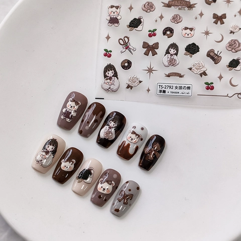 3D Relief Nail Art Stickers Embossed Cartoon Girl Bear Retro Mocha Manicure Decals Self Adhesive DIY Decoration