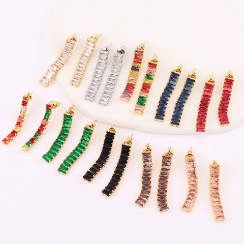 Elegant Long Linear Drop Earrings Copper 18K Gold Plated Baguette Cut Colorful Cubic Zirconia Geometric Jewelry For Women