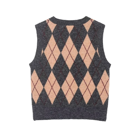 Débardeur Tricoté À Losanges Pour Femmes Pull Sans Manches Col Rond Style Preppy Vintage Décontracté