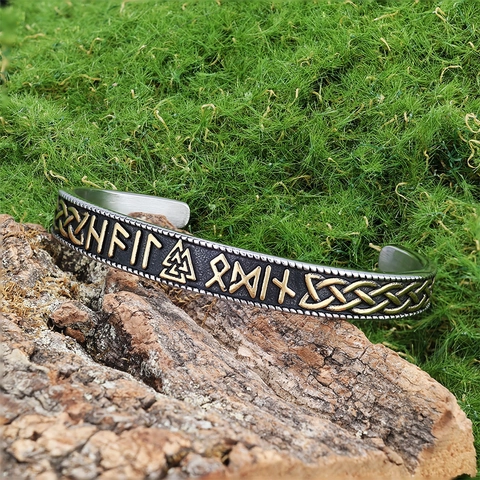 Viking Thor's Hammer Mjolnir Cuff Bracelet Nordic Runes Stainless Steel Two Tone Gold Silver Punk Retro Jewelry For Men