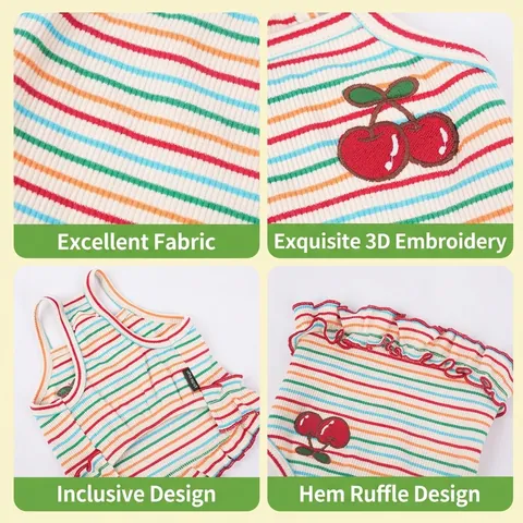 Pet Dog Dress Cotton Spandex Rainbow Striped Cherry Embroidery Ruffle Hem Summer Cute Princess Outfit For Small Dogs