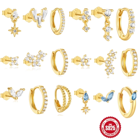 925 Sterling Silver Eight-pointed Star Zirconia Earrings Set For Women Minimalist Geometric Gold Plated Stud Hoop Earrings Fashion Jewelry