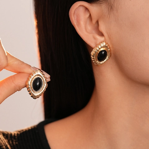 Orecchini A Lobo Ovali Vintage Per Donna Retro Oro Lega Ondulata Resina Nera Con Perno In Argento Sterling 925 Elegante