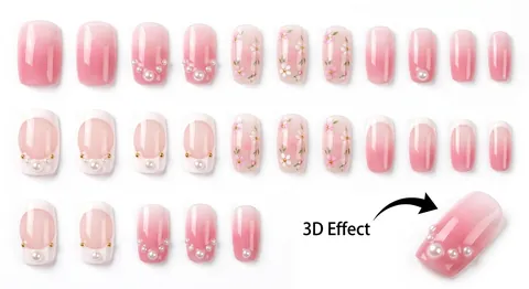 3D Blume Künstliche Nägel Handgefertigt Rosa Farbverlauf Weiß Französisch Mandelform Falsche Nägel Mit Künstliche Perlen Elegant