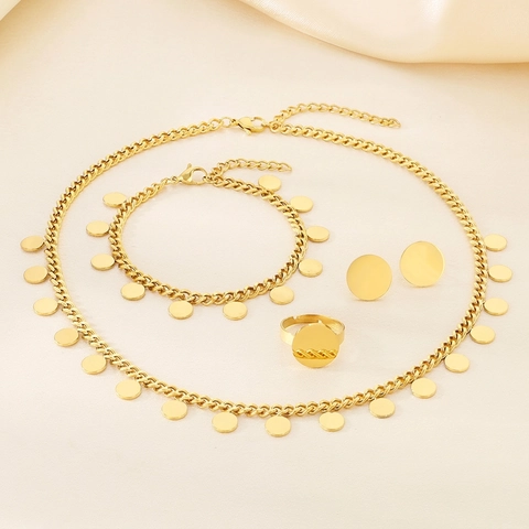Goud Vergulde Roestvrijstalen Sieraden Ketting Armband Oorbellen Ring Hart Ster Ronde Schijf Charms Trendy Elegant