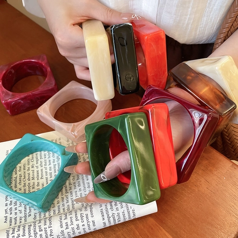 Geometric Square Bangle Acrylic Resin Marble Texture Retro Minimalist European American Style For Women Fashion Versatile Jewelry