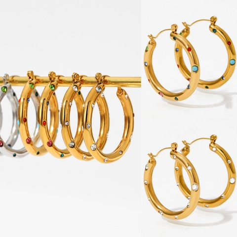 Edelstahl Hoop Ohrringe Mit Bunten Strasssteinen Vergoldet Versilbert Geometrisch Rund Schmuck Für Damen