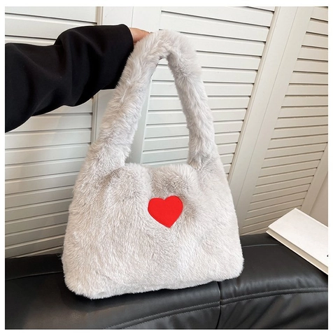 Sac À Main En Peluche Fausse Fourrure Sac Sous Les Aisselles Motif Cœur Rouge Style Rétro Pour Femmes Filles