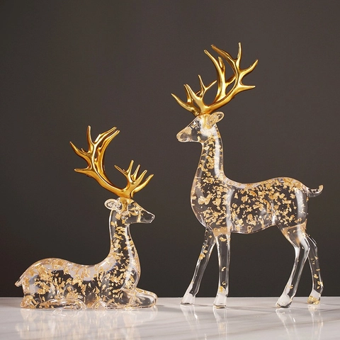 Figurines De Renne De Luxe Nordique Résine Transparent Feuilles D Or Statues D Élan Maison Salon Bureau Décoration Table