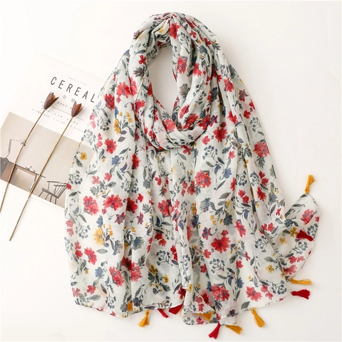 Women Floral Print Tassel Scarf Voile Lightweight Shawl Sun Protection Soft Wrap Elegant Pastoral Style For Summer