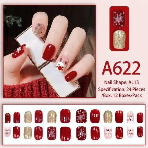 Christmas Press On Nails Red Gold Glitter Cartoon Deer Snowflake Detachable Resin Holiday Style Fake Nails For Women