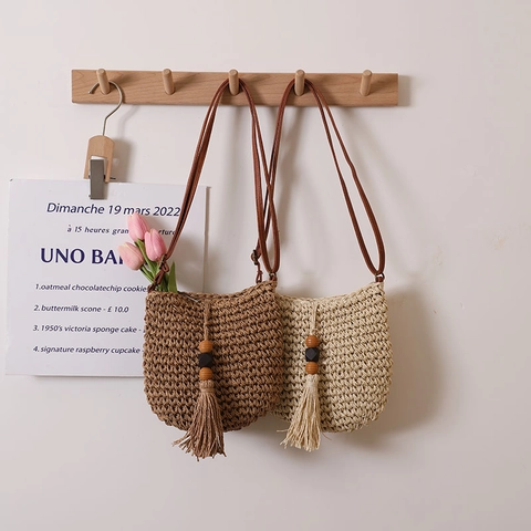 Borsa A Tracolla In Paglia Intrecciata Da Donna Con Perline In Legno E Nappa Vacanze Mare Estate