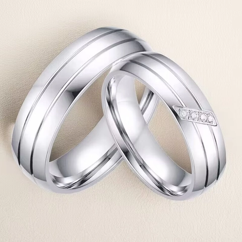 Minimalist Stainless Steel Couple Ring For Women Men Brushed Finish Rhinestone Inlaid Fashion Jewelry Finger Ring Gift