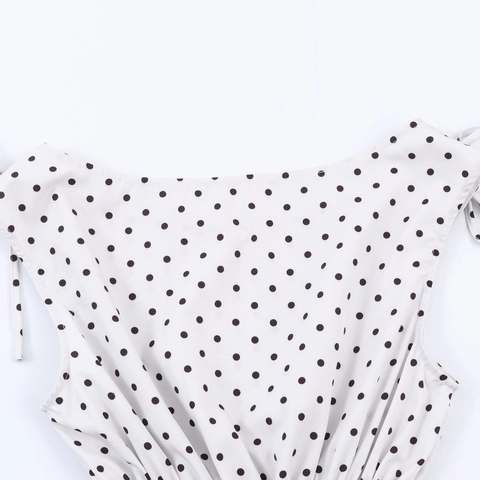 French Retro Polka Dot Print Smocked Waist Tie Shoulder Women Polyester Sleeveless Tank Top Ruffle Hem