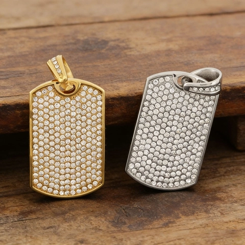 Collana Con Pendente Piastrina Hip Hop Iced Out Acciaio Inossidabile Strass Geometrico Quadrato Gioielli Per Uomo