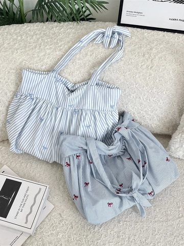 Damen Koreanische Gingham Gestreifte Einkaufstasche Polyester Leinwand Schultertasche Rüschen Schleife Stickerei Große Kapazität
